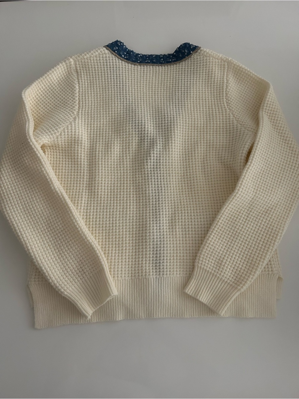 Nanette by Nanette Laporte Cream Waffle Knit Cardigan with Blue Sequin Trim - Picture 3 of 6